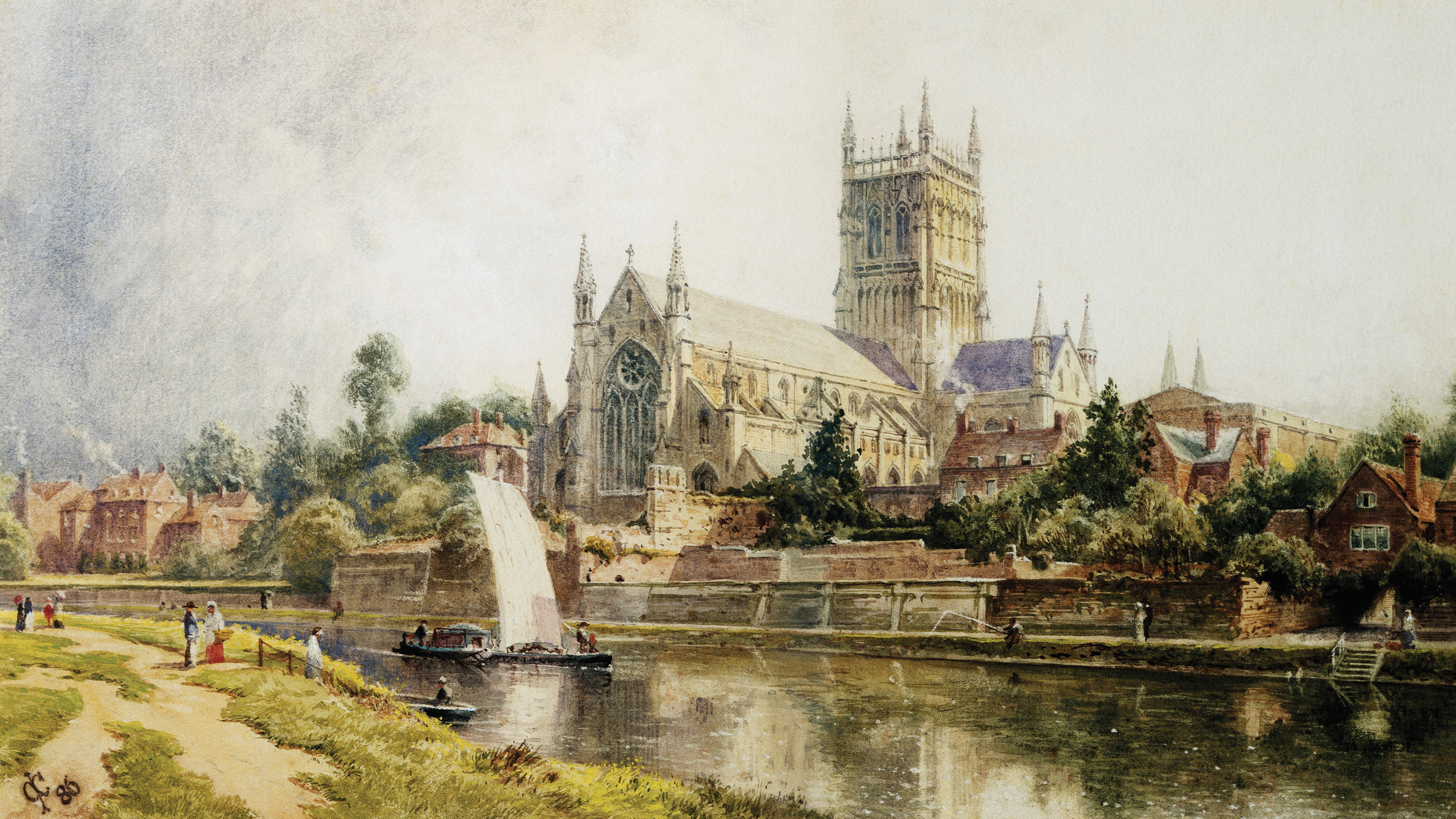 A historical illustration of Worcester Cathedral and the River Severn