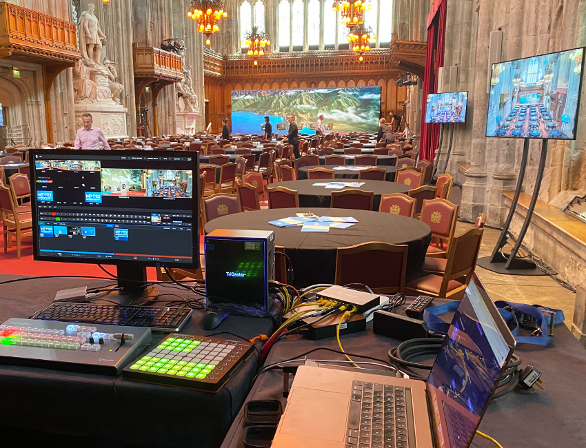 livestream equipment set up in a historic venue
