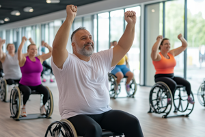 Exercise class for wheelchair users with man in a white t-shirt at the front of the rest of the participants