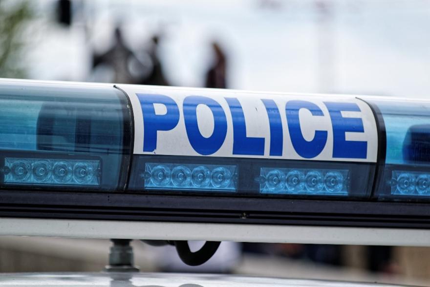 The blue lights of a police car