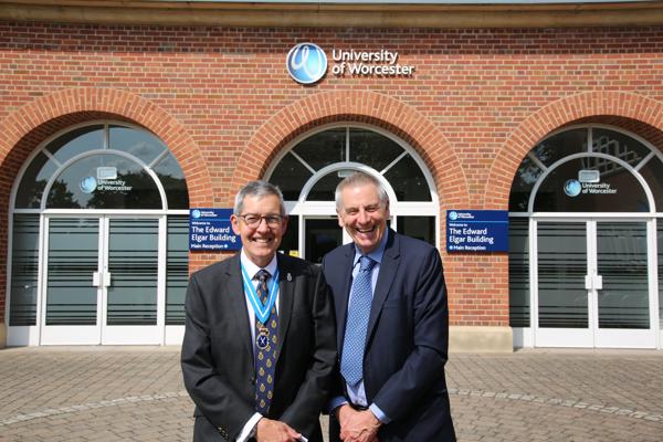 The High Sheriff pictured with Vice Chancellor David Green outside St Johns campus main reception