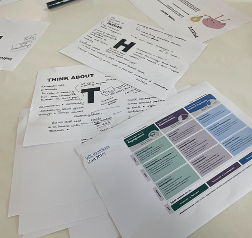 UDL Conference Papers and notes from participants group work scattered on a table.