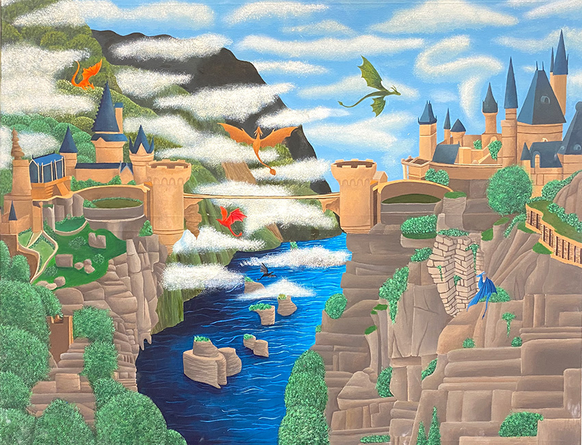 Student work- landcape paiting of a river between two castles
