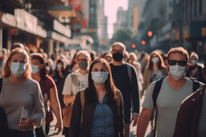 Crowd walking on the street wearing surgical face masks during the pandemic.