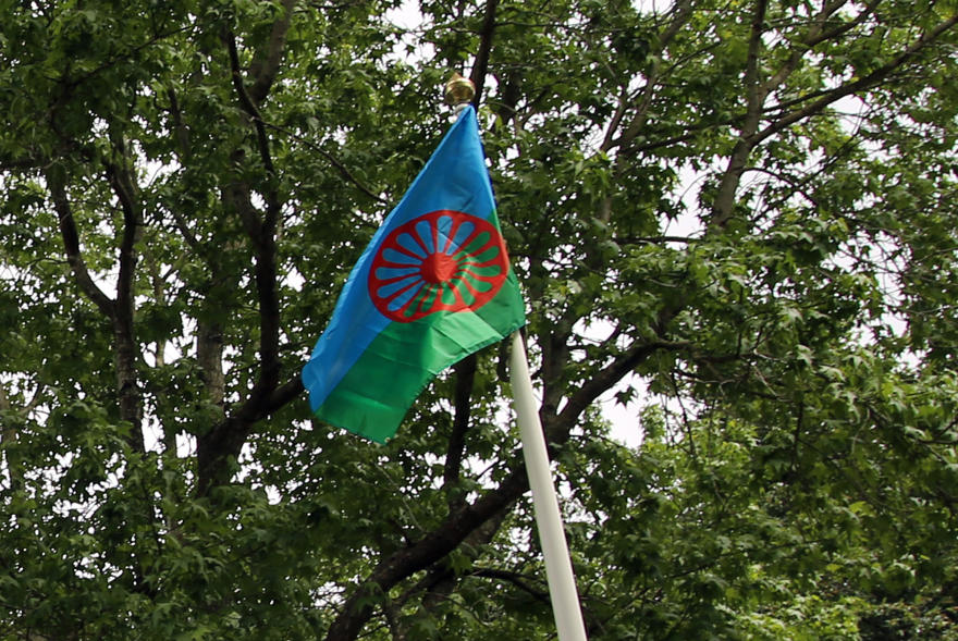 Romani Flag flying outside the University of Worcester