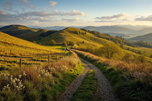 Walking trail across the Malvern Hills in the late afternoon sunshine