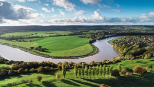 River Severn meandering through the countryside green fields either side of the river