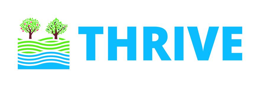 The logo from the THRIVE programme. This logo has two trees next to the word 'Thrive' one has pears hanging from it and one has apples