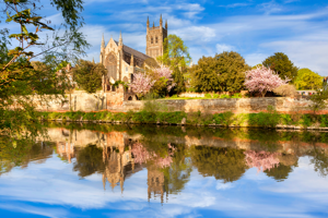 Worcester Cathedral on a sunny spring morning, with cherry blossom in bloom, and a reflection in the River Severn