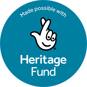 the image shows a teal blue circle with The National Lottery Heritage Fund logo of the crossed fingers wishing for good luck in white. Text above the logo says &lsquo;Made possible with&rsquo; while text below the logo says &lsquo;Heritage Fund&rsquo;