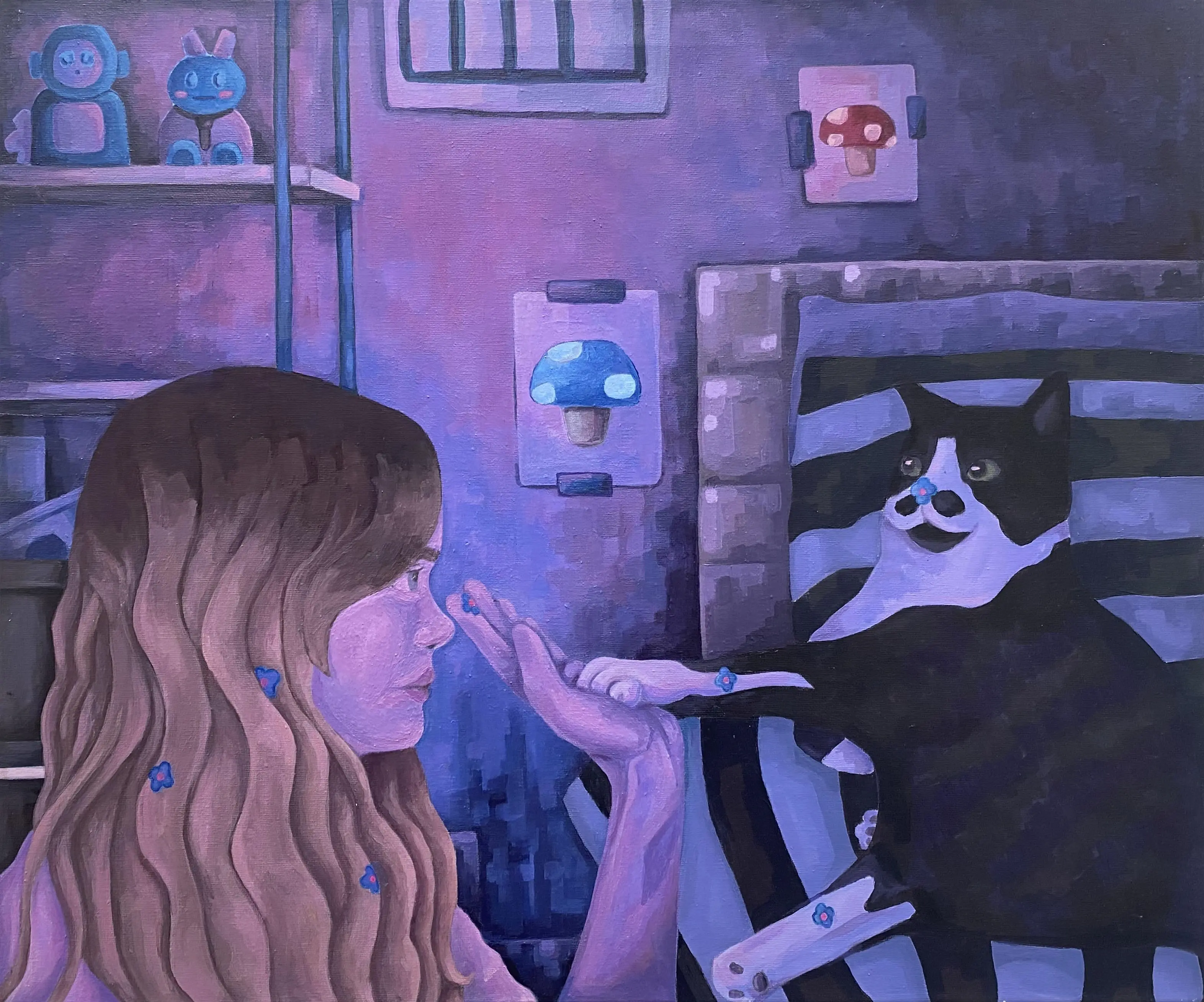 Artwork of a girl holding a hand up to a cat lounging on a bed