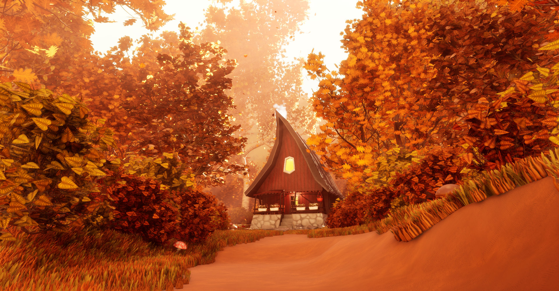 A render of an small cabin in an autumnal woods