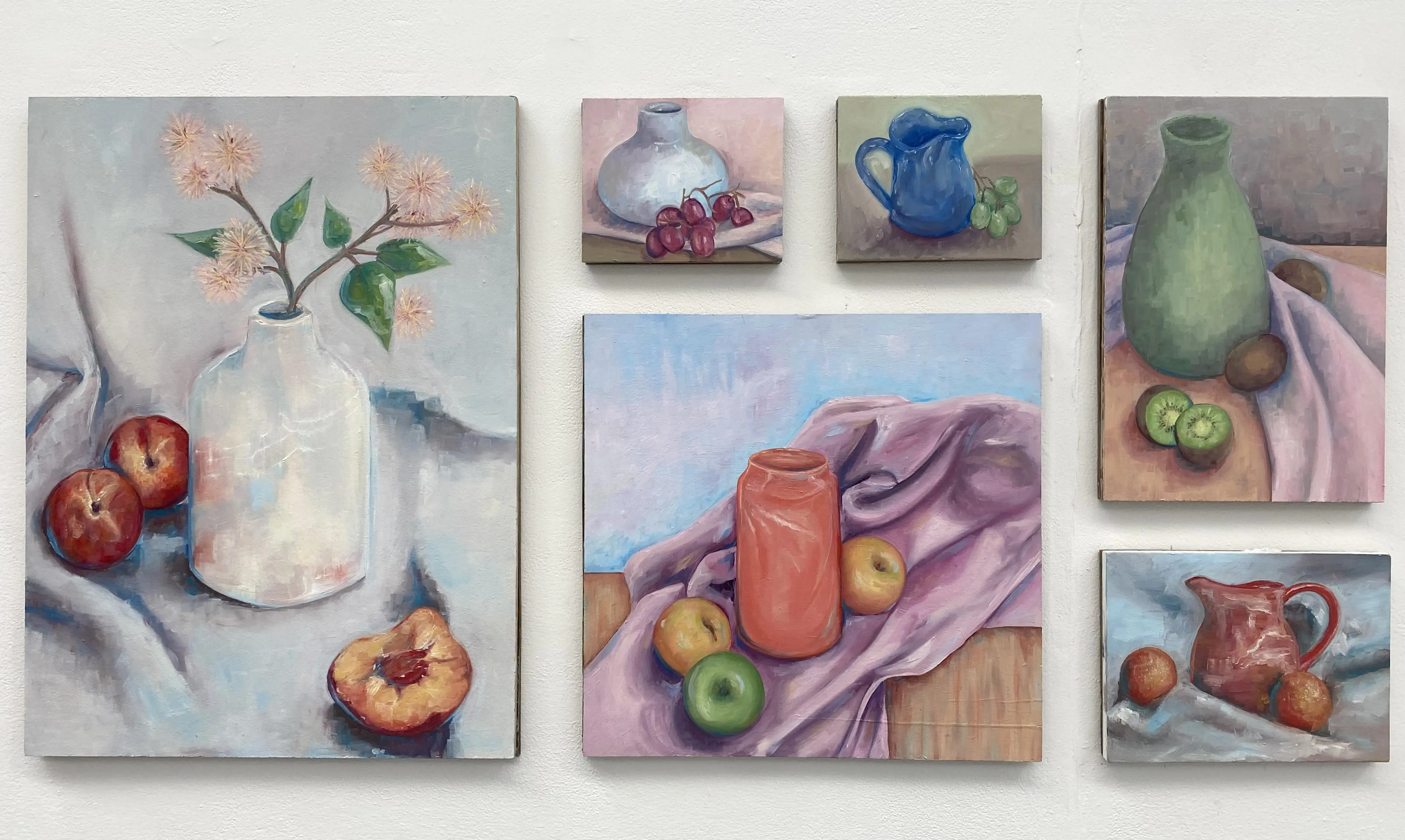 Still life artwork of vases and flowers and fruits