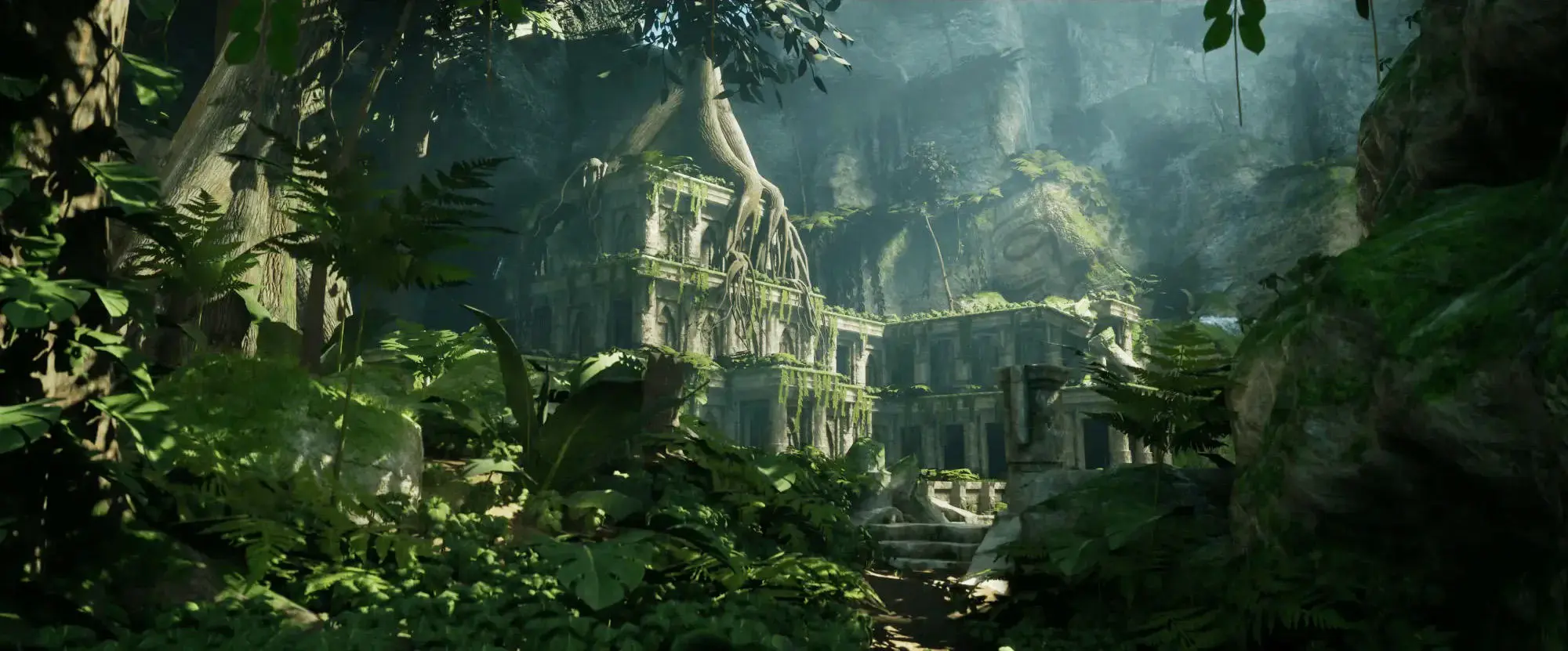 A render of a game environment in a deep jungle with a ruin of an ancient temple