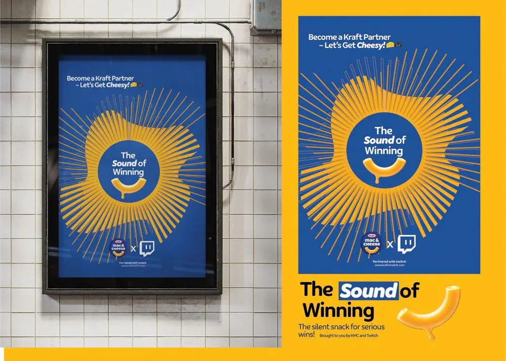 Blue and yellow poster promoting Kraft Mac & Cheese partnership with Twitch