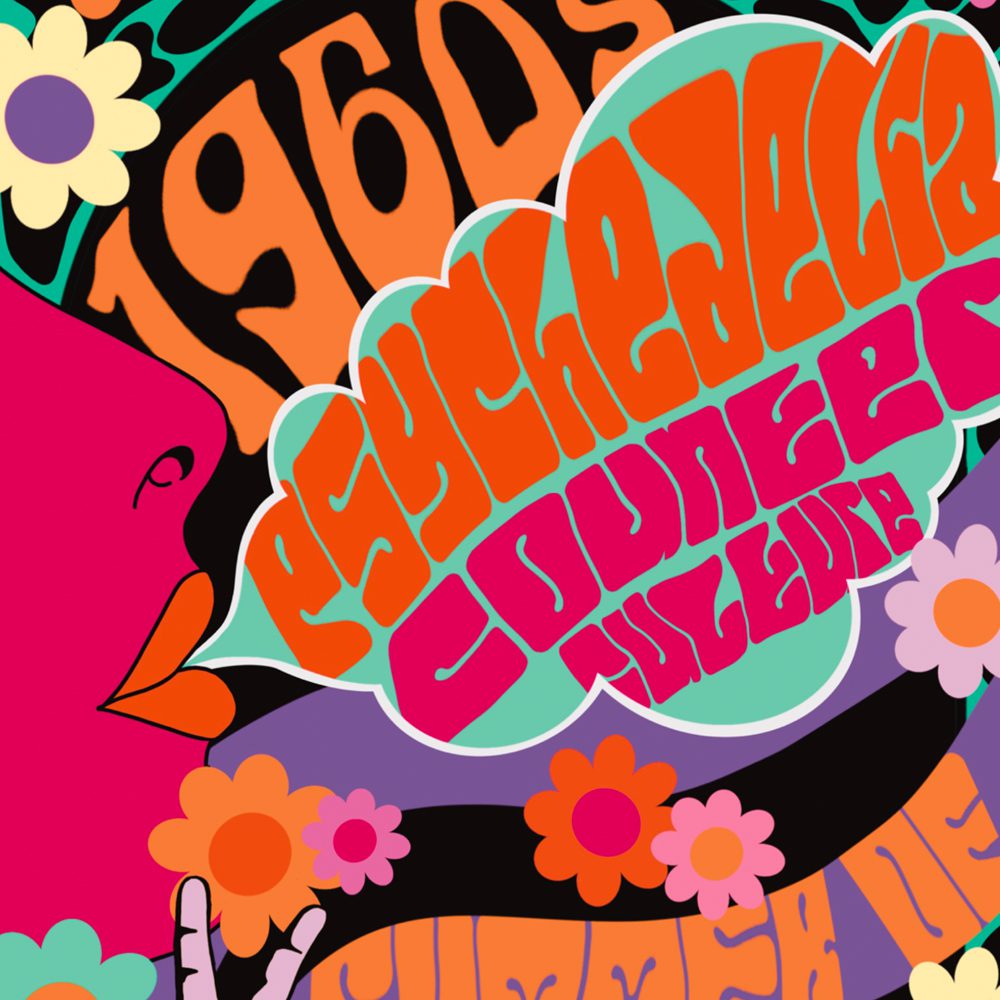 Colourful 1960s psychedelic art with a pink face blowing a speech bubble saying 'Psychedelic Journey'.