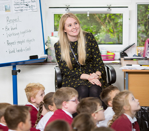 A teacher and her class are looking at something out of the image
