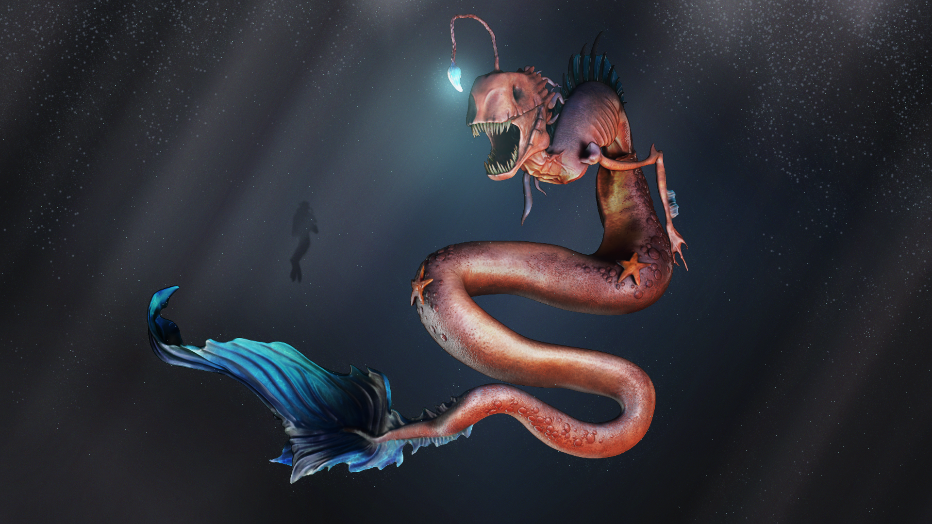 A render of a large sea creature, similar to an anglerfish with an elongated body and tail, beside a deep sea diver