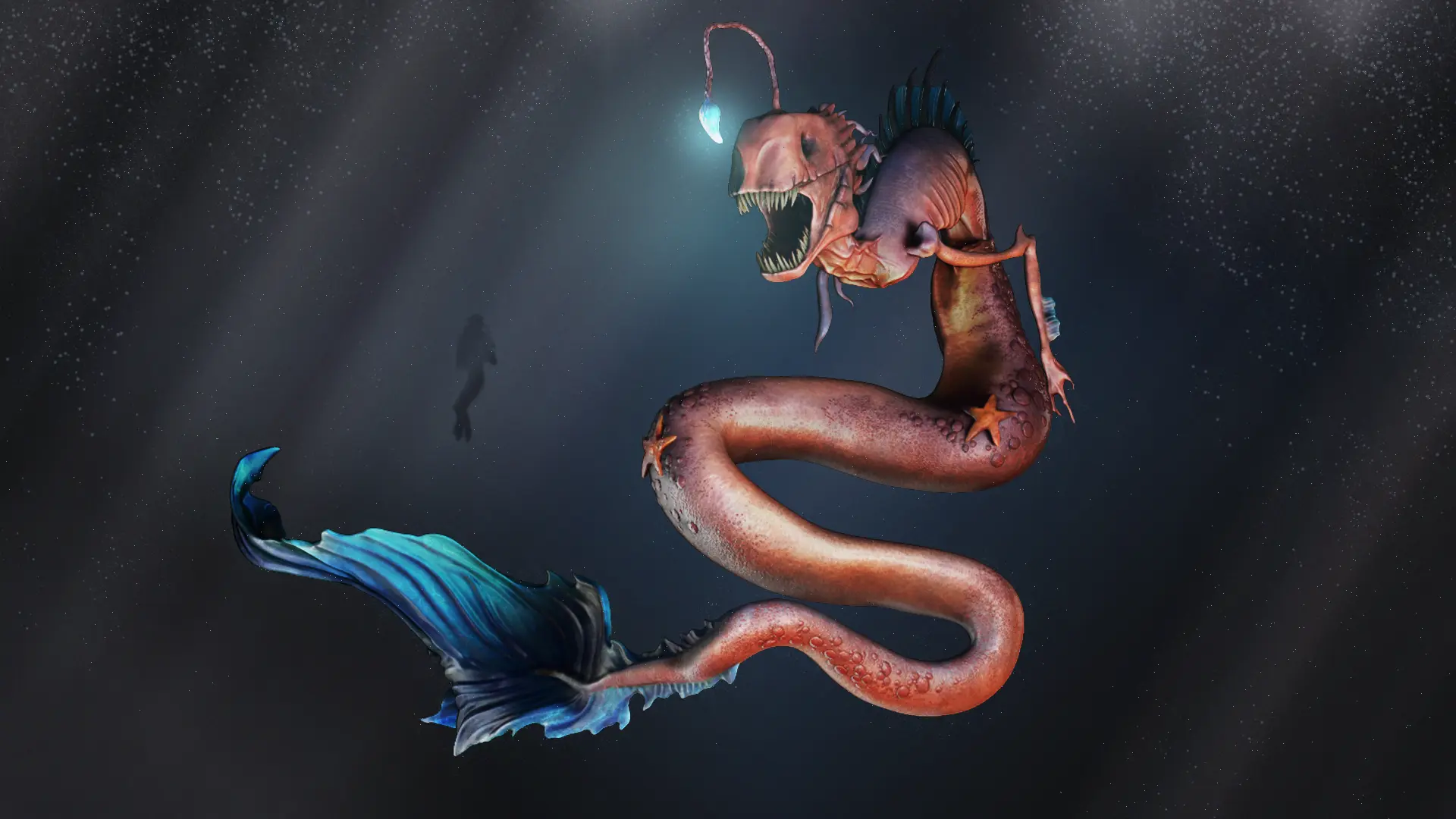 A render of a large sea creature, similar to an anglerfish with an elongated body and tail, beside a deep sea diver