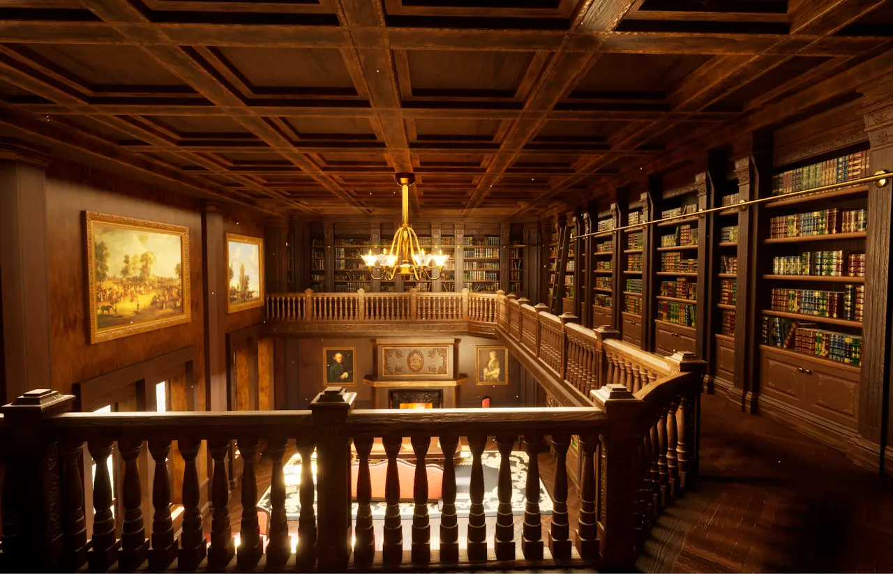 A render of an upper level of a library with a stairs and railing showing a glimpse of a warmly lit lower level