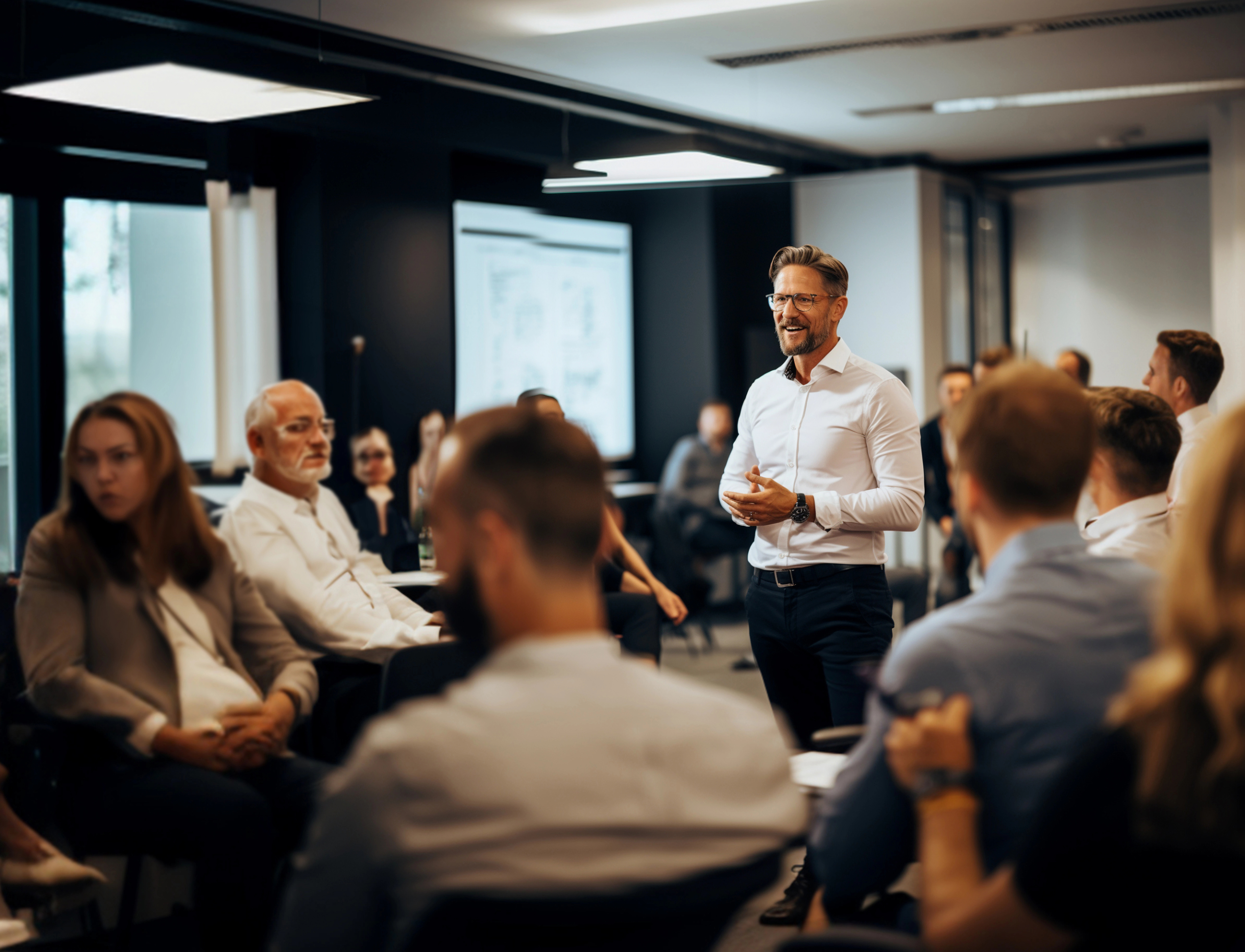 A man leads a discussion in a group of business people
