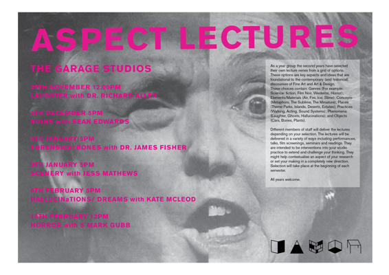 Poster for 'aspect lectures' at Garage Studios