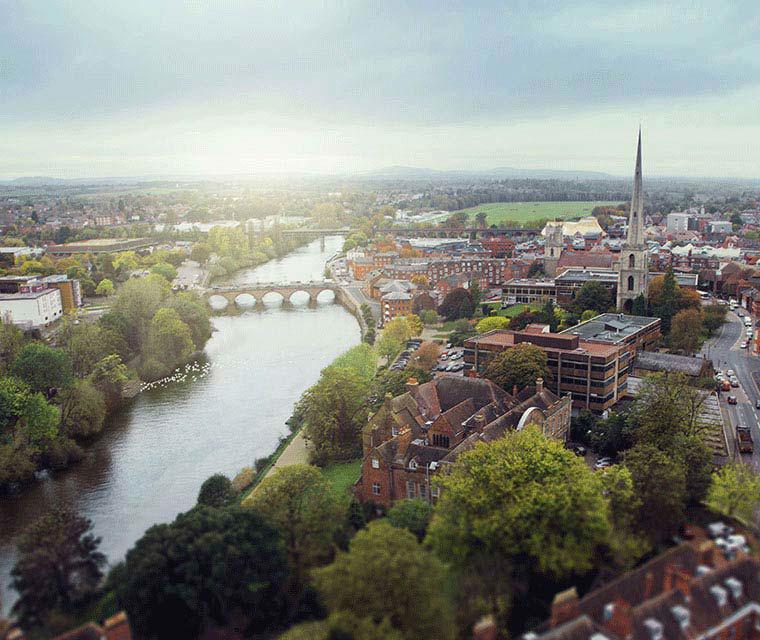 Aerial view of Worcester and river Severn, taken from Cathedral tower.