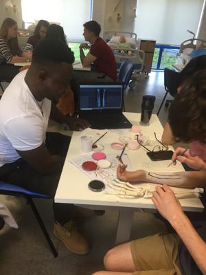 A male trainee occupational therapist painting a bone on the forearm of a student on our occupational therapy degree.