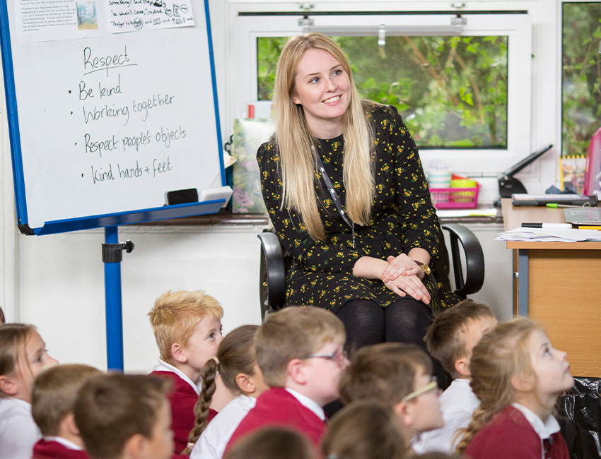 Woman sitting on chair in front of primary school children