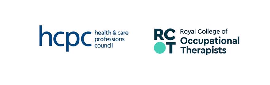 The health and care professionals council logo and the Royal College of occupational therapist's logo