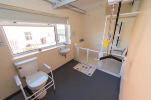 inside a toilet with equipment such as hand rests to assist less able people