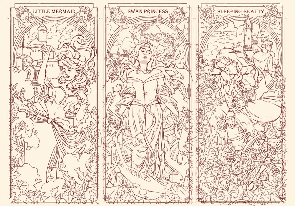 Intricate line art depicting three classic fairy tale scenes