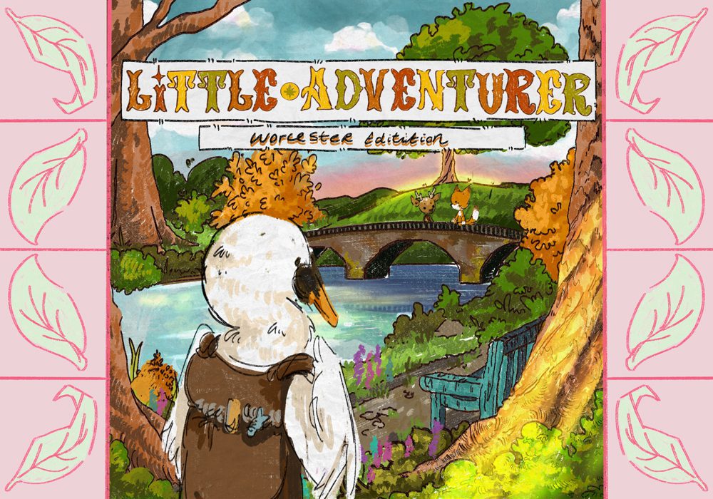 An illustration of a swan wearing a brown backpack in a colourful autumn landscape.