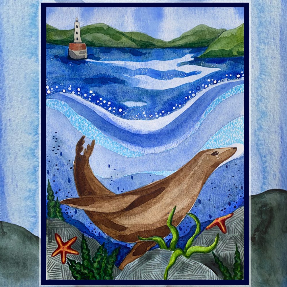 A watercolour postcard of a seal swimming underwater with the coast and a lighthouse in the background