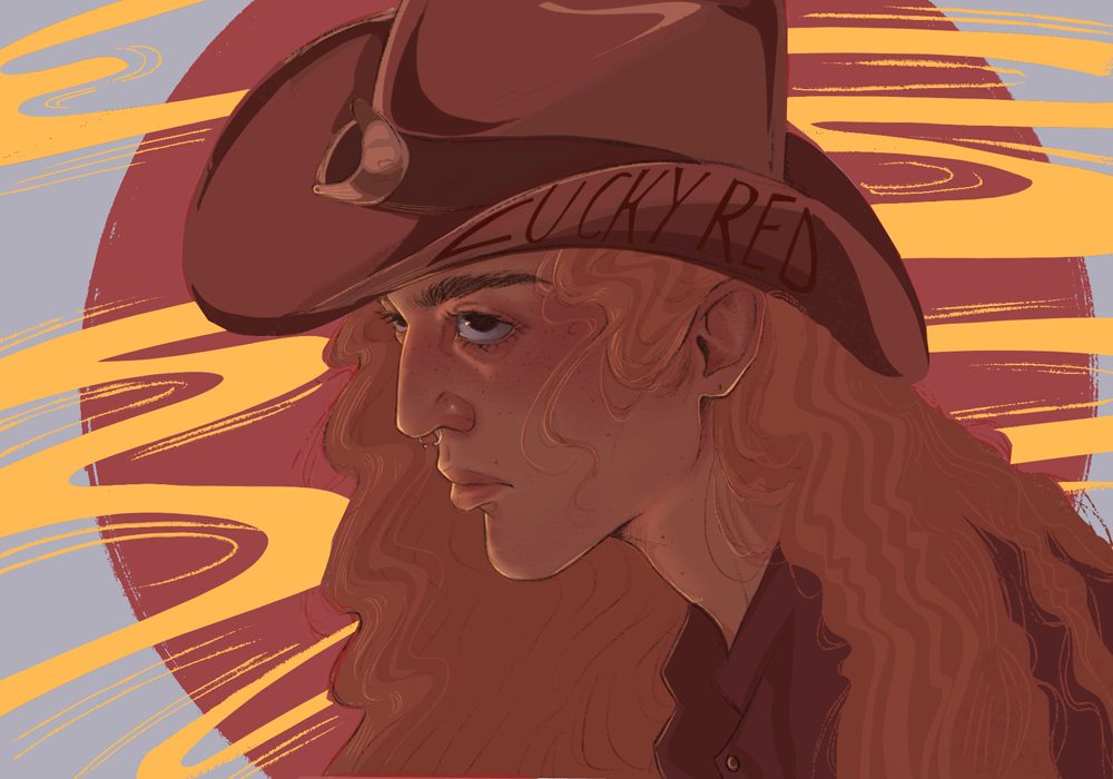 An illustration of a woman in the wild west wearing a cowboy hat