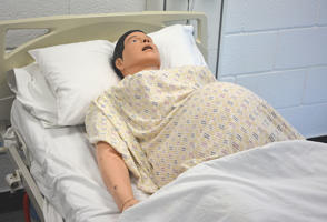 synthetic patient lying down with a bump to suggest pregnancy