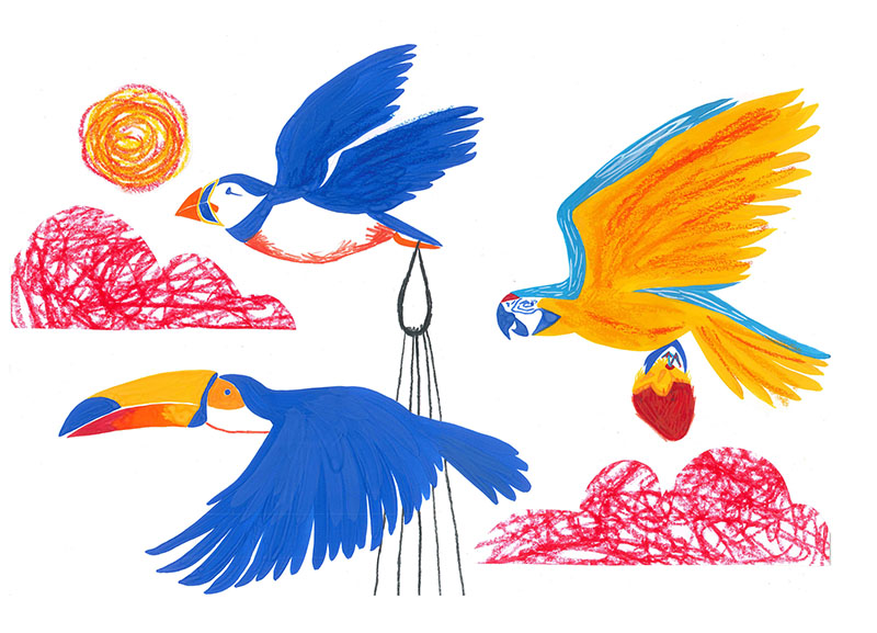 Illustration of several tropical birds in flight