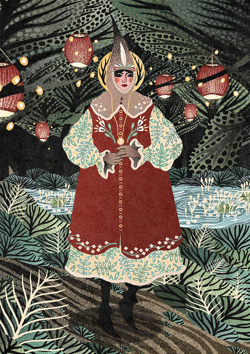 A Russian dressed lady in a wood