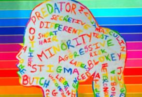 image of coloured writing within a girl's head