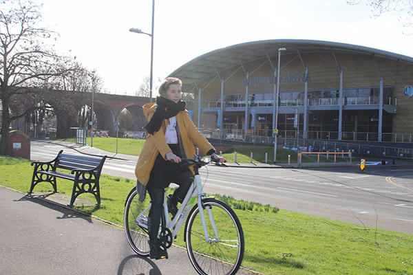 Woo bike being ridden outside the University of Worcester Arena