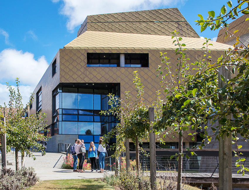 Students walking outside our St John's Campus main reception