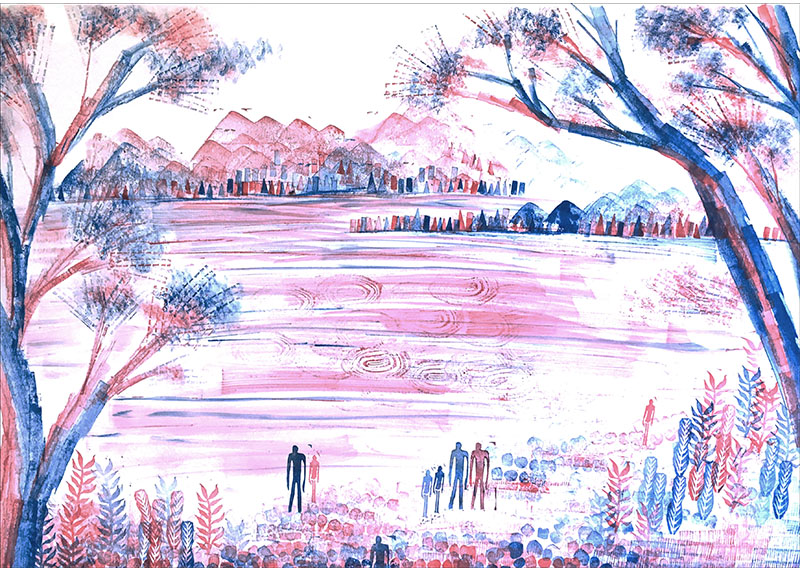 A drawing of people and trees