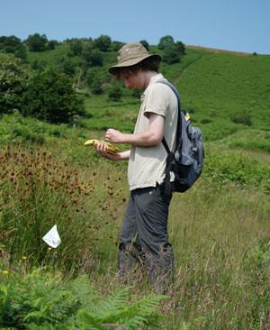 Student with beige hat and grey rucksack in a field