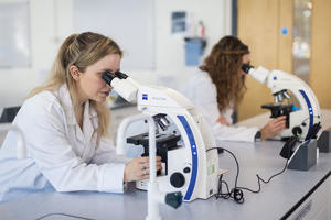 a student is staring into a microscope