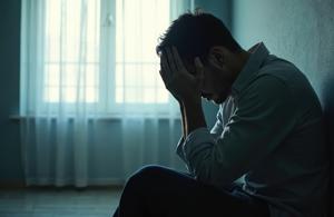 Man sitting on the floor in a dimly lit room, holding his head in his hands against a wall near a window with sheer curtains.