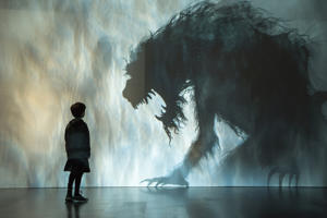 A young child stands facing a large, menacing shadow of a monstrous creature with sharp claws and teeth on a wall.