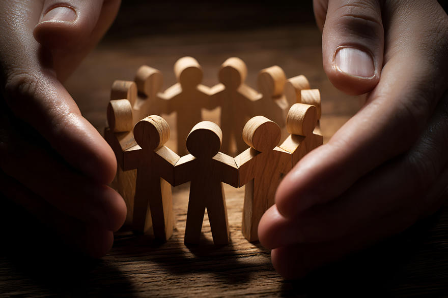 Close-up of hands protecting a circle of wooden human figures holding hands on a wooden surface.