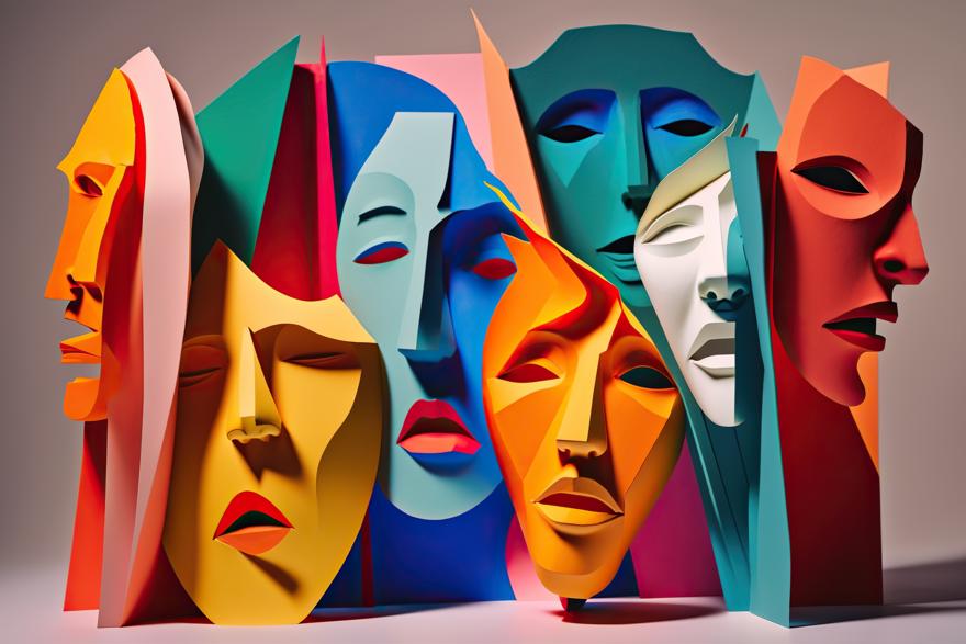 Three colorful abstract faces made from layered paper with sharp geometric shapes and bold shadows.