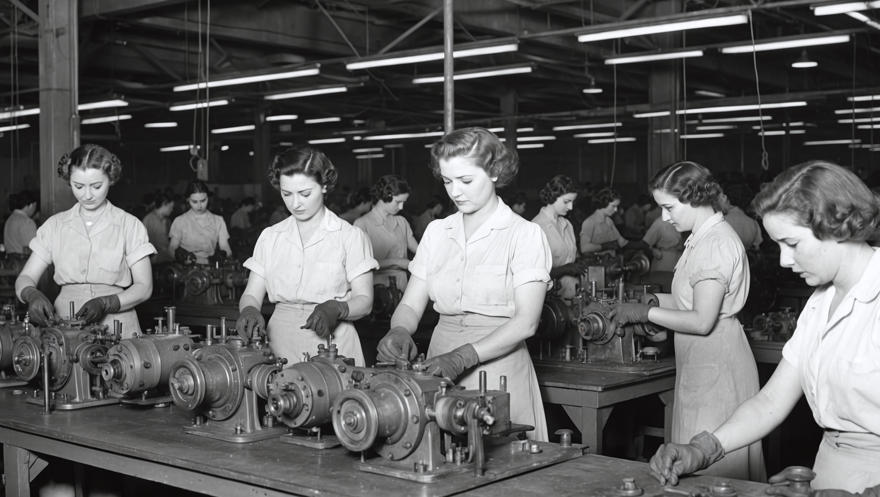 Black and white photo of women working in a factory