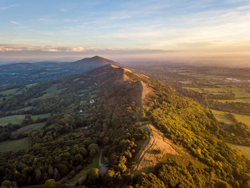 Aerial view overlooking the Malvern Hills at sunrise